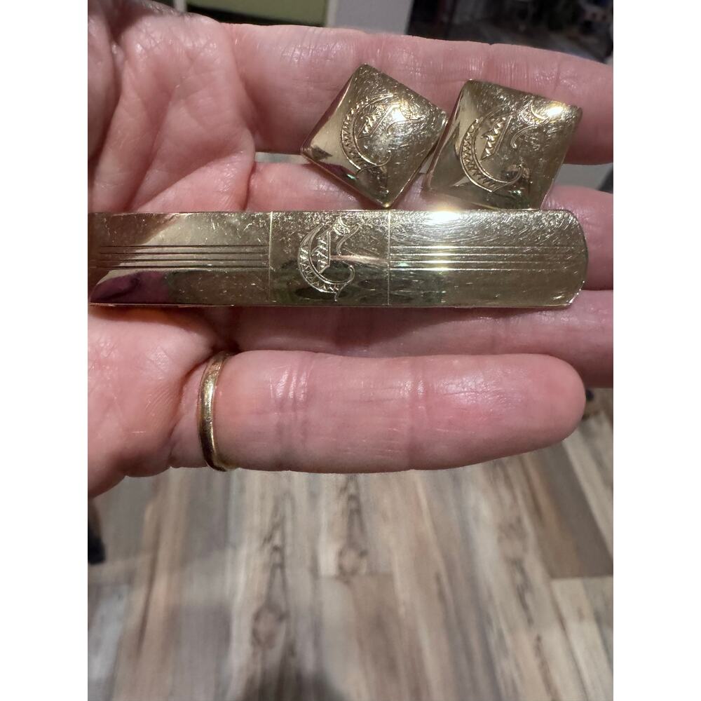 Vintage Gold Tone Monogram “C” Cufflinks & Tie Bar Set | Mid Century Formalwear